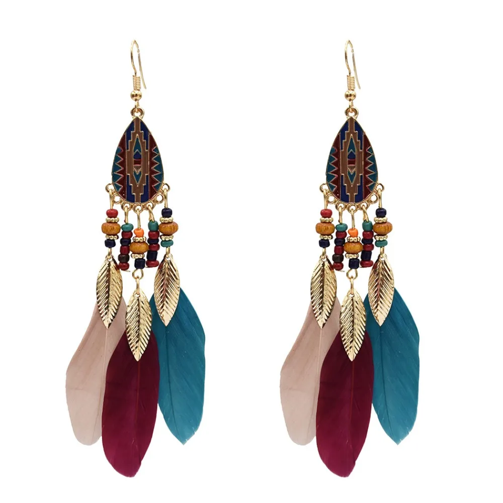 Ethnic Thailand Holiday Feather Drop Earrings for Women Bohemian Beach Jewelry pendientes Festival Party Turkish Indian Jewelry