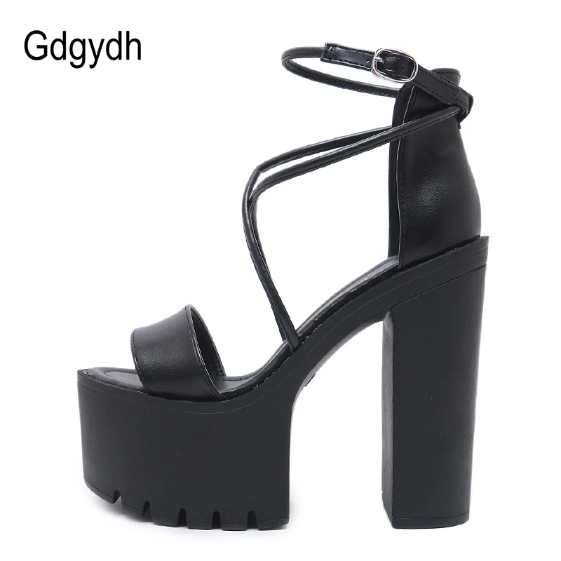 Gdgydh Platform Shoes For Summer Extreme High Heels Sandals Open Toe Fashion Buckle Block Heels Punk Black Leather Good Quality