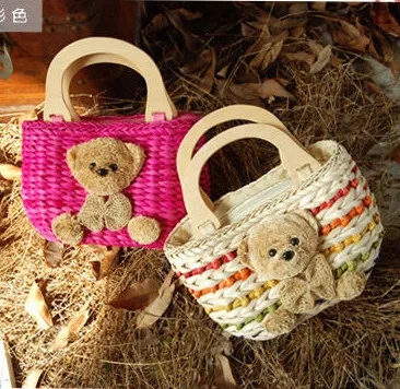 Wooden bear striped straw bags knitting bag beach bag straw bag cane package holidays