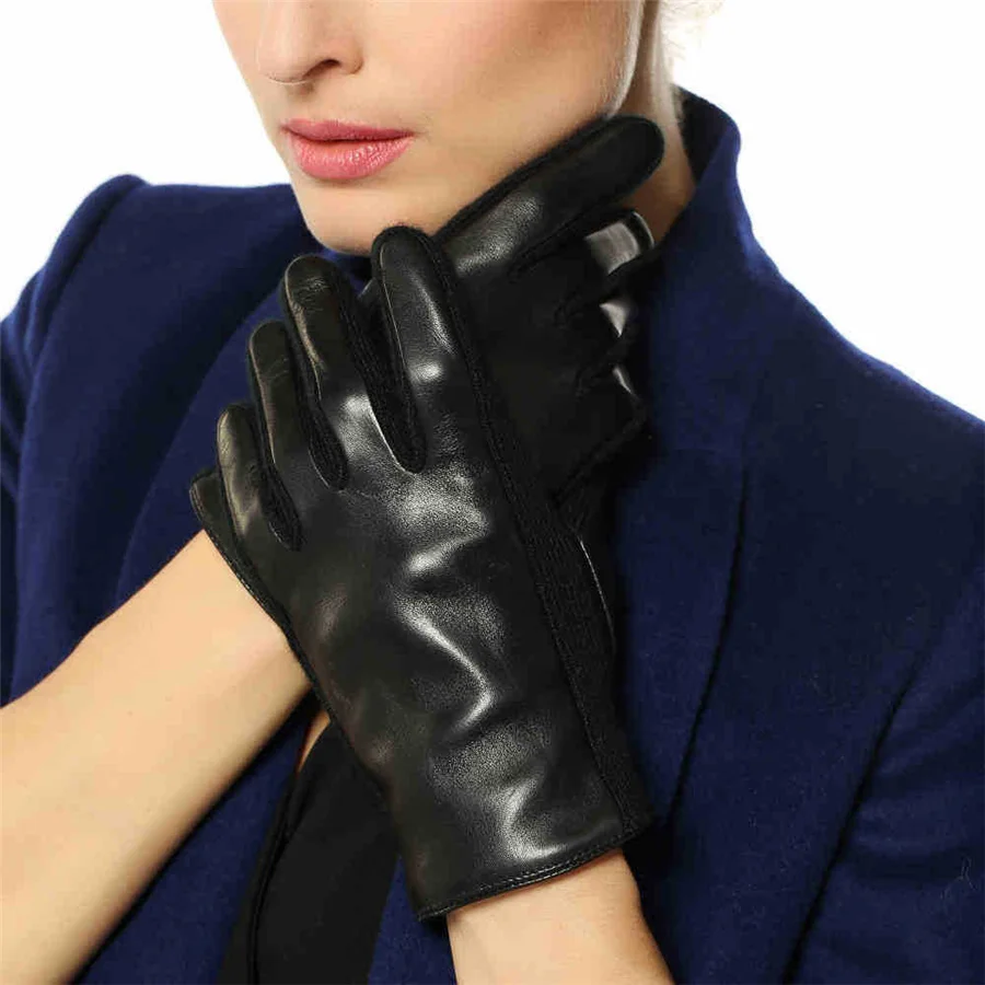 Two Tone Female Glove With Long Fleece Lining Women\'s Lambskin Genuine Leather Gloves Special Offer Free Shipping L131NC