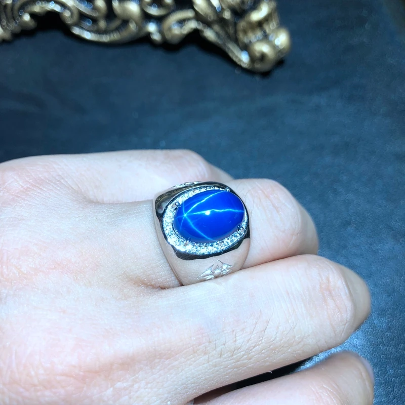 classic shiny blue Star Sapphire ring for men silver ring  mascular strong power men ring  fine jewelry 925 sterling silver gift