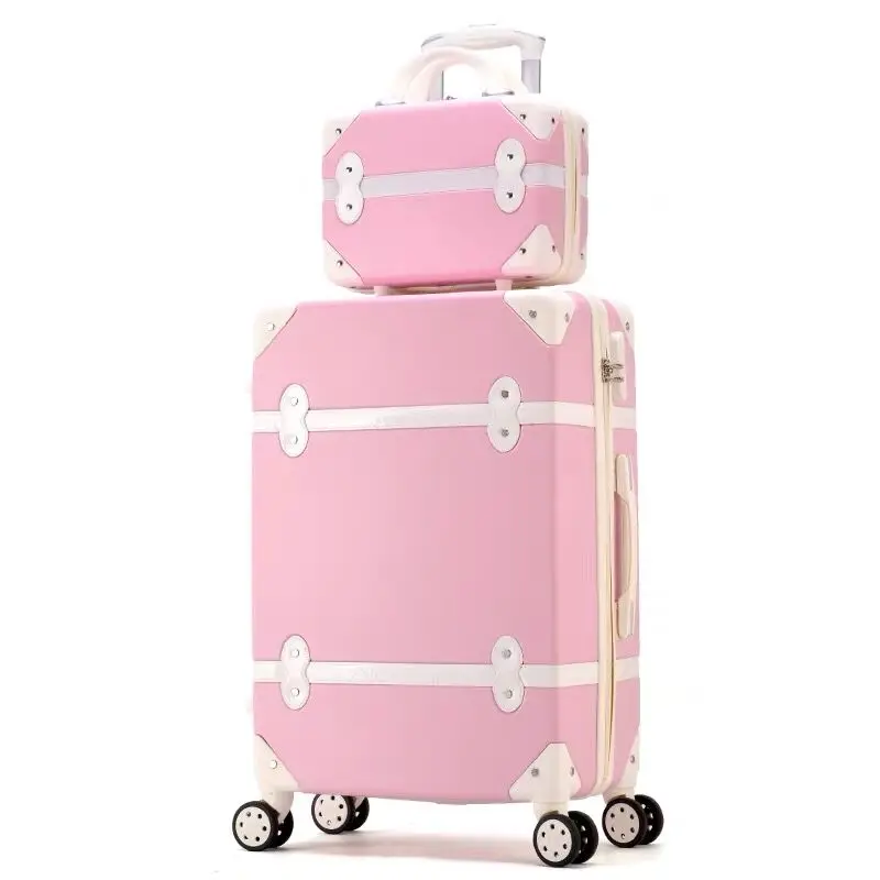 women hard retro pink rolling luggage set trolley baggage with cosmetic bag on wheels cute trolley suitcase travel bag for girls