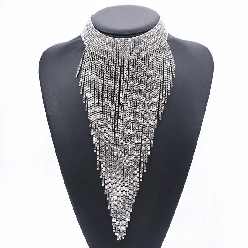 Fashion Crystal Rhinestones Chains Tassel Choker Necklace Women Indian Boho Ethnic Statement Maxi Large Collar Necklace Jewelry