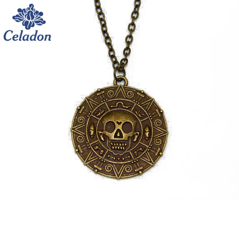 Wholesale 1pcs Pirates Of The Caribbean Necklace Jack Sparrow Aztec Coin Medallion Vintage Gold Bronze Pendant