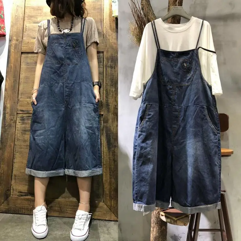 Free Shipping 2023 New Fashion Women Wide Leg Loose Jumpsuits And Rompers With Pockets Half Length High Quality Overalls Jeans