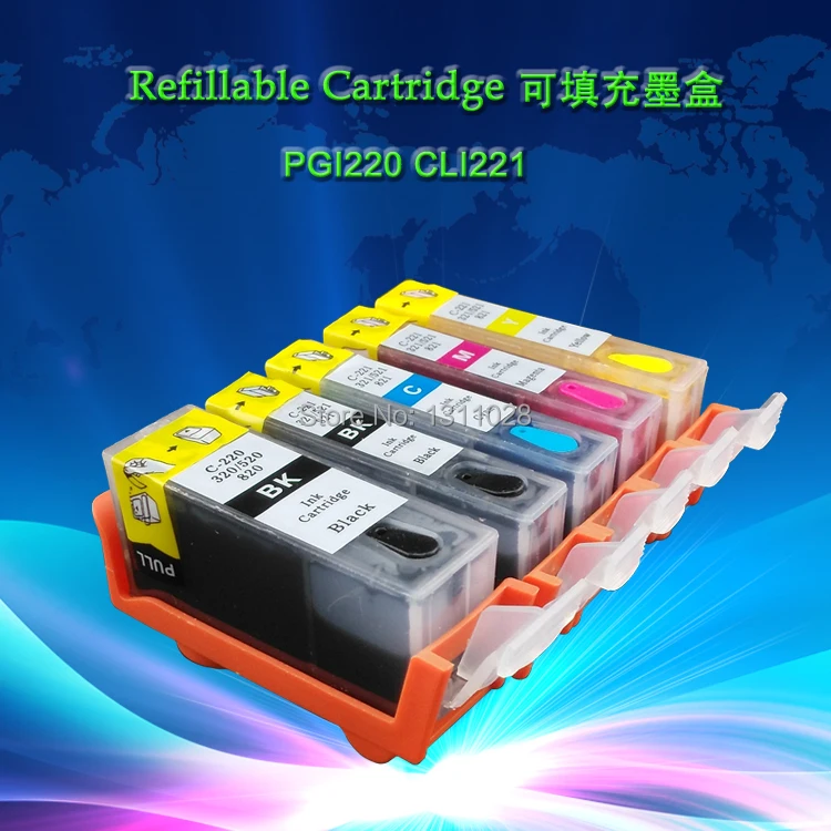 INK WAY FULL INK,5 PK Refillable ink Cartridge for Canon PGI-220BK, CLI-221C,CLI-221M,CLI-221Y