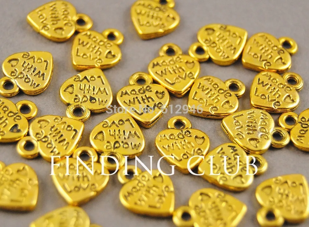 100pcs  Gold plated Metal Alloy Made with Love Heart Charms Pendant Findings 12mmx10mm A170