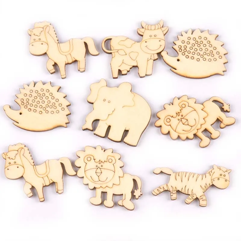 M1772-manualidades de madera con patrón Natural de animales mezclados para decoración del hogar, adornos artesanales de madera, álbum de recortes hecho a mano, 30 piezas, 40x45mm