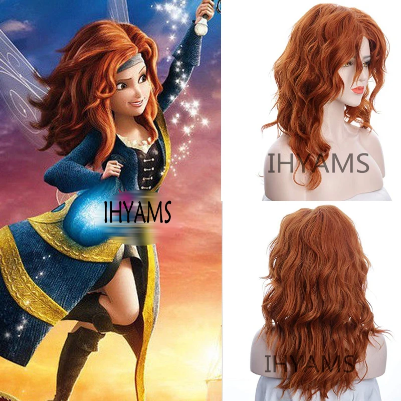 Movie The Pirate Fairy Zarina Wig Synthetic Long Curly Auburn Orange Cosplay Wig + Wig Cap