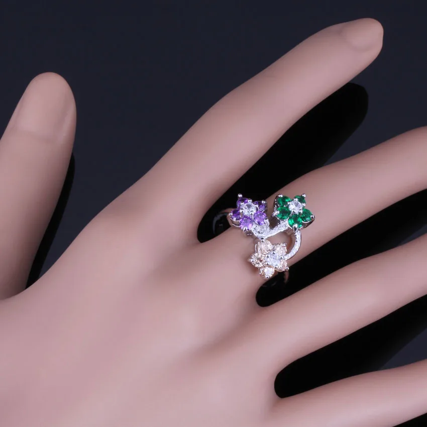 Pleasant Flower Purple Green Brown Cubic Zirconia White CZ Silver Plated Ring V0596