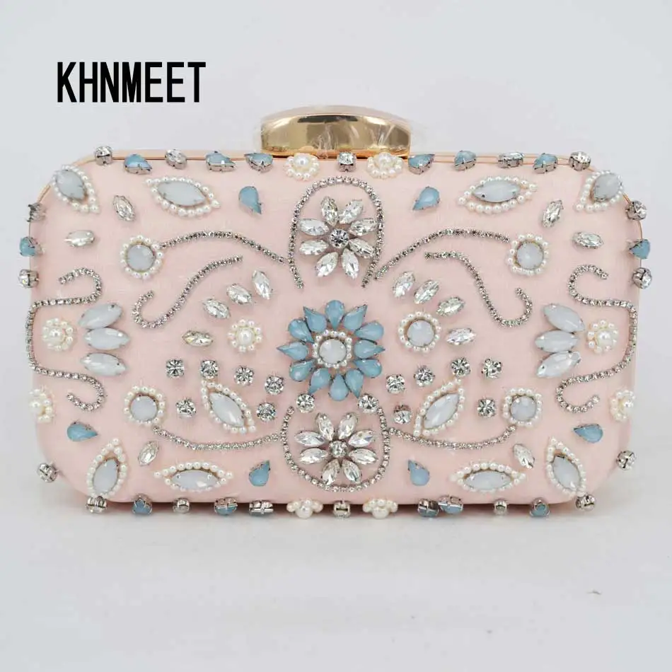 

Light Pink Satin Luxury Crystal Pearl beaded Clutch Bag Women Chain Evening Bag Cheap Wholesale Wedding Purse Female Handbag Z94