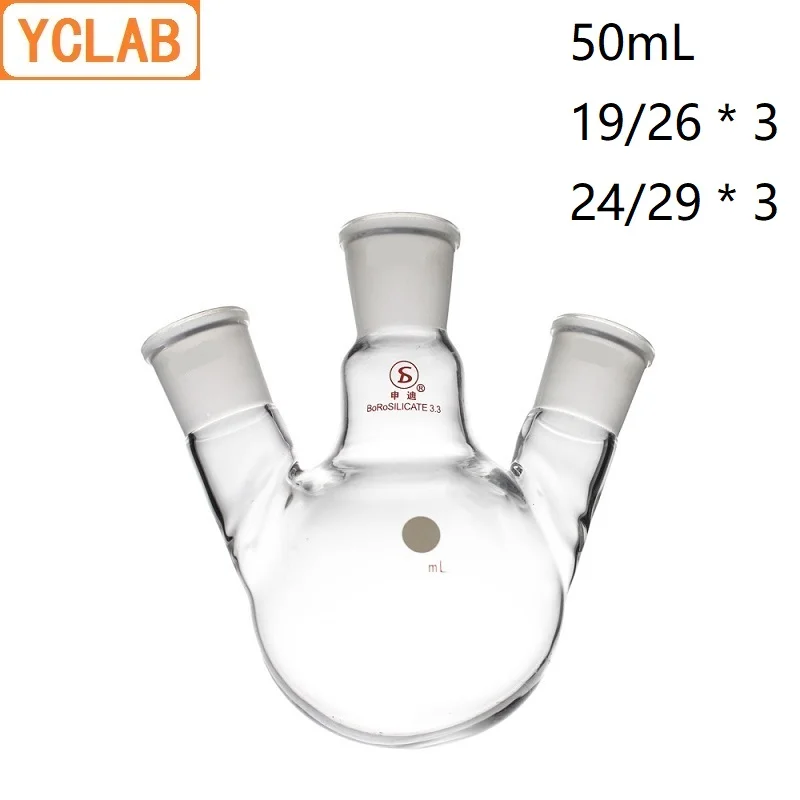 YCLAB 50mL 19/26 * 3 & 24/29 * 3 Distillation Flask Oblique Shape with Three Necks Standard Ground Mouths Distilling