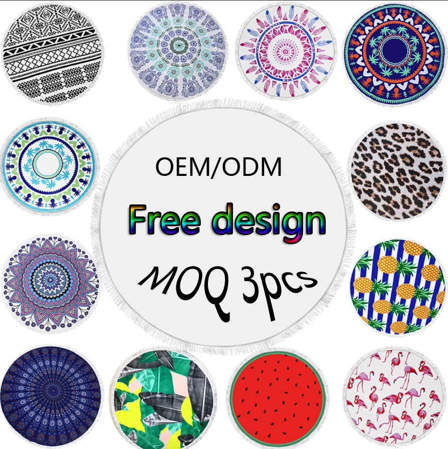 OEM/ODM Printing MOQ 3pcs  150cm Microfiber Round /Circle Beach Tapestry Towels With Tassel Toalla Playa Serviette De Plage