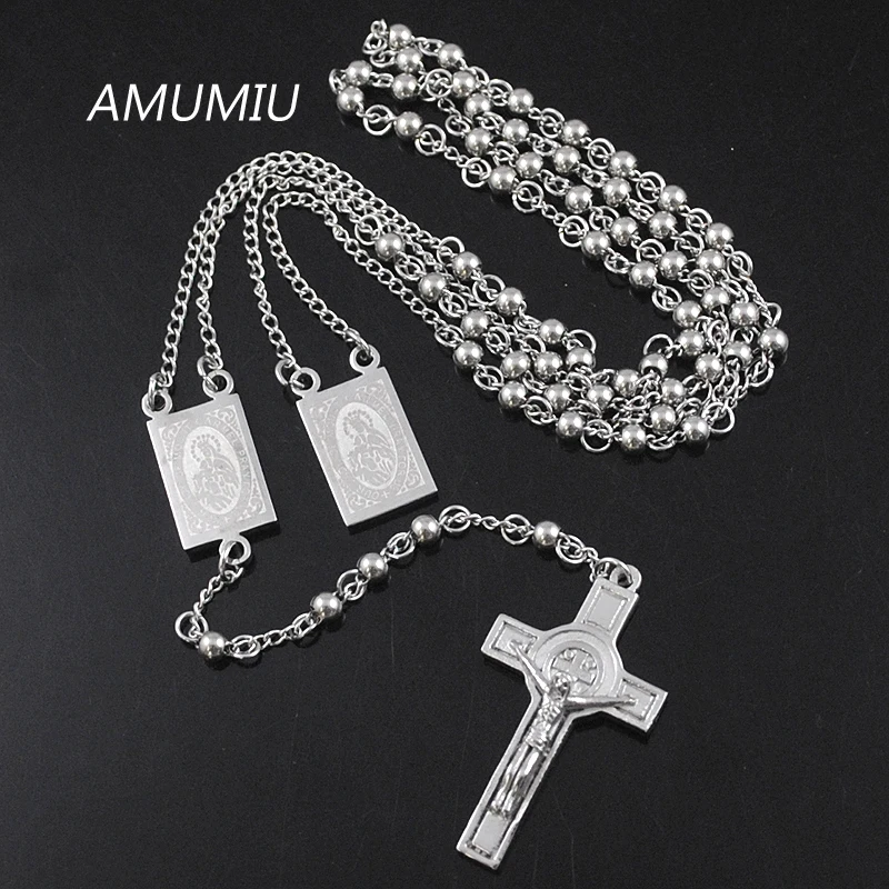 AMUMIU 4mm*66cm Silver Color Men Rosary Beads Necklace Stainless Steel Catholic Religion of Jesus,Women Cross Jewelry HN079