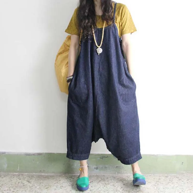 Thời Trang mới Rompers Womens Jumpsuit Áo Denim Lỏng Màu Xanh Hip Hop Hậu Cung Cross-quần