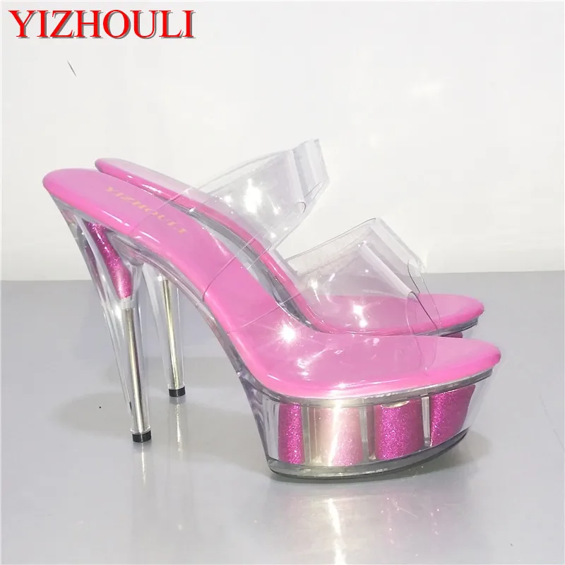 

New transparent pole dance performance 15 cm high heels, sexy 6 inch crystal shoes, fashion runway show appearance