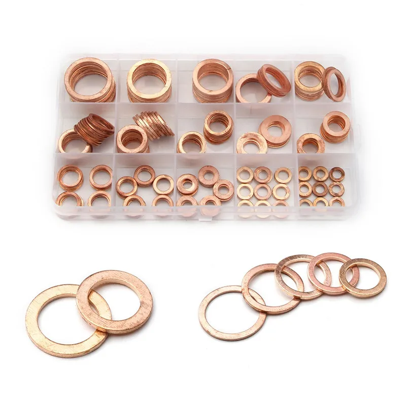 

250Pcs M5/ 6/8/10/12/14/16/18 Solid Copper Crush Flat Ring Washer Gasket Spacer Oil Brake Sealing Kit With Box For Hardware