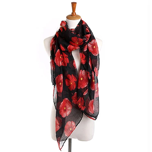 Women's Fashion Sexy Poppy Flowers Print Chiffon Comfortable Shawl Long Scarf