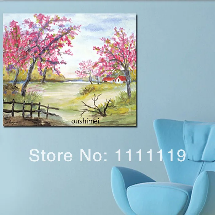 Hand Painted Modern Pictures On Canvas Spring Landscape Oil Painting Handmade Wall Artwork Pink Flower Tree Hang Art Pictures