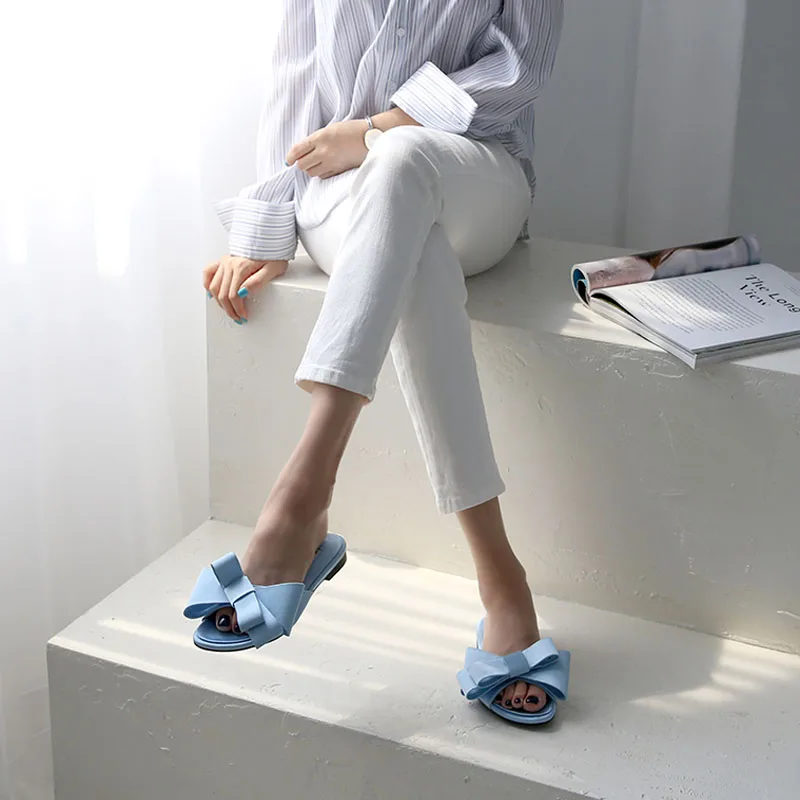 real silk butterfly-knot slippers woman fashion brand design mules shoes summer riband bow knot slides woman flip flops