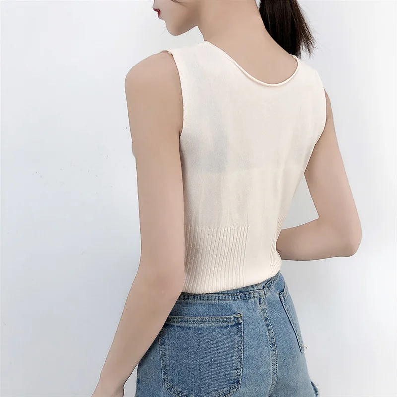 Hot Women Casual Solid Sleeveless Knitted Ice Silk Tank Tops V-neck Female All-match Basic Tops Women Slim Tank Tops New Arrival