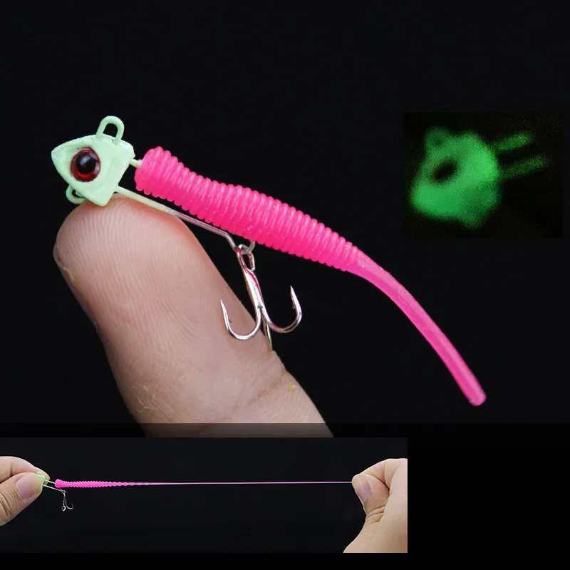 Mini brilho forma de peixe gabarito cabeça noite isca de pesca 5cm/1.4g iscas artificiais 5.5cm/2.2g tpe chumbo gabaritos isca macia 2 peças pacote