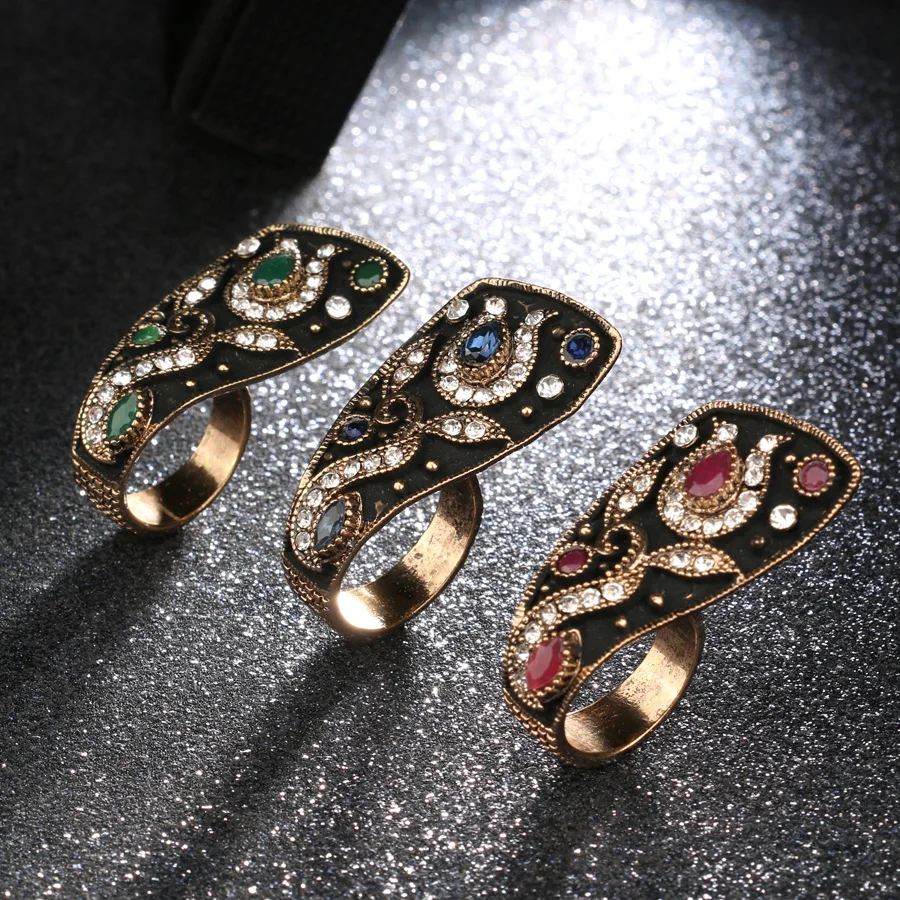 Kinel Unique Vintage Wedding Ring Jewelry Black Enamel Color Ancient Gold Party Blue Rings For Women Luxury Crystal Gifts