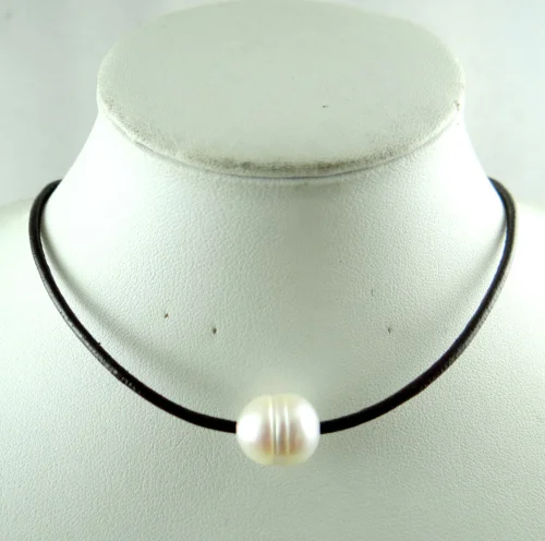 brown Genuine Leather white Freshwater Pearl Handmade Jewellery Necklace R66