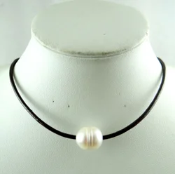 brown Genuine Leather white Freshwater Pearl Handmade Jewellery Necklace R66