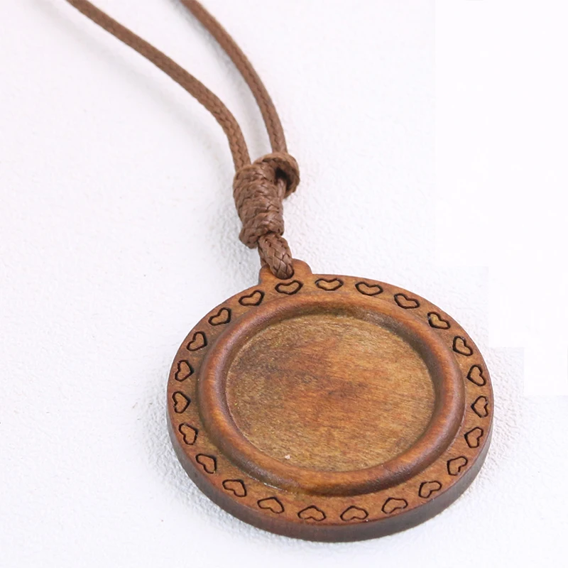 1pcs 25/30mm  Inner Size Wood Cabochon Settings Blank Cameo Pendant Base Trays With Leather Cord For Jewelry Necklace Making
