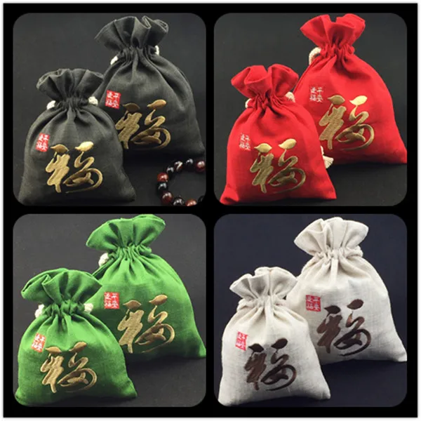 

2 Size 10pcs Fine Embroidery Large Christmas Gift Bags Wedding Party Favor Cotton Linen Drawstring Jewelry Storage Pouches