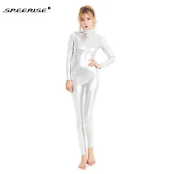 SPEERISE kadınlar gümüş parlak metalik uzun kollu tam vücut Unitards Zentai Cosplay Spandex Catsuits dans jimnastik sahne giyim