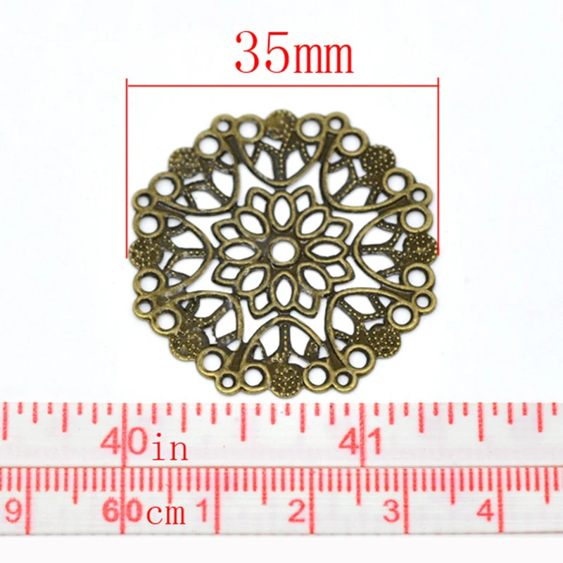 50 PCs Doreen Box Filigree Flower Wraps Connectors Iron Alloy Bronze Tone Color For DIY Jewelry Making Findings 35mm, Hole:1mm