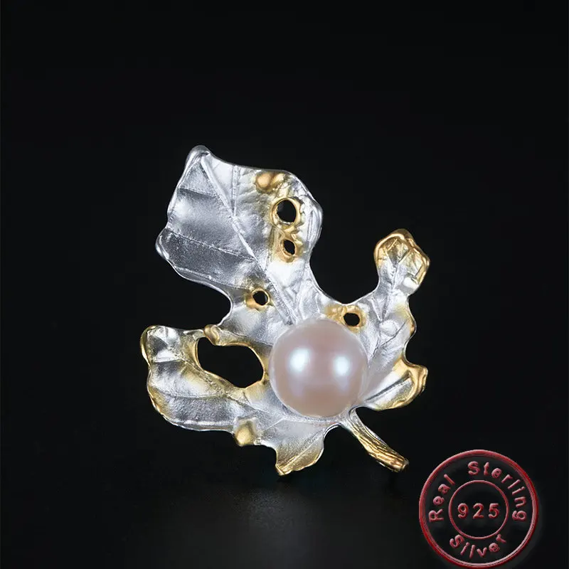 Amxiu Handmade Freshwater Pearl Brooch Jewelry Pins Two Tones 925 Silver Leave Brooches For Women Girls Clothes Hat Accessories