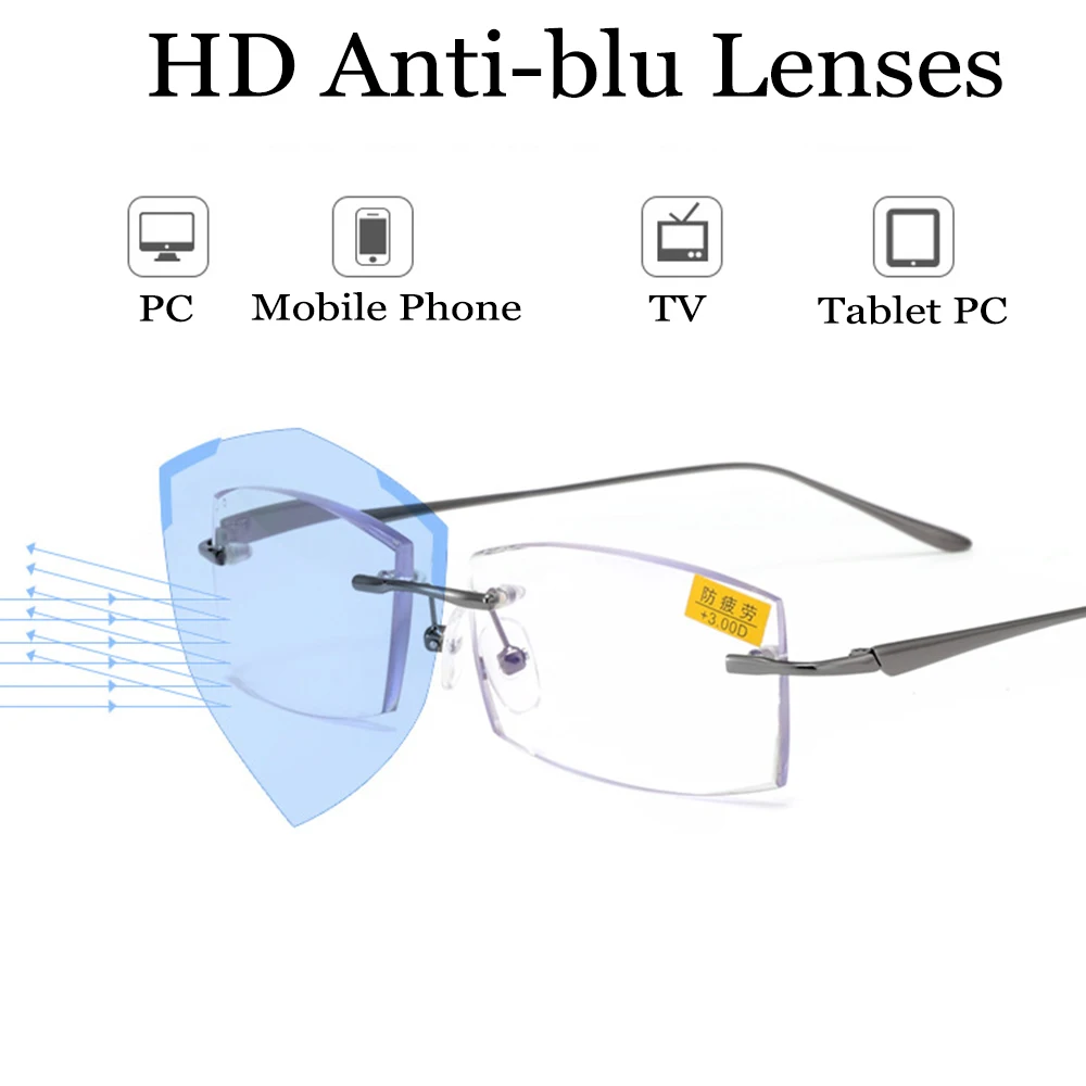 NOMANOV = Progressive Multifocal Reading Glasses Titanium Alloy Rimless TR90 Cut  See Near And Far TOP 0 ADD +0.75 To +3