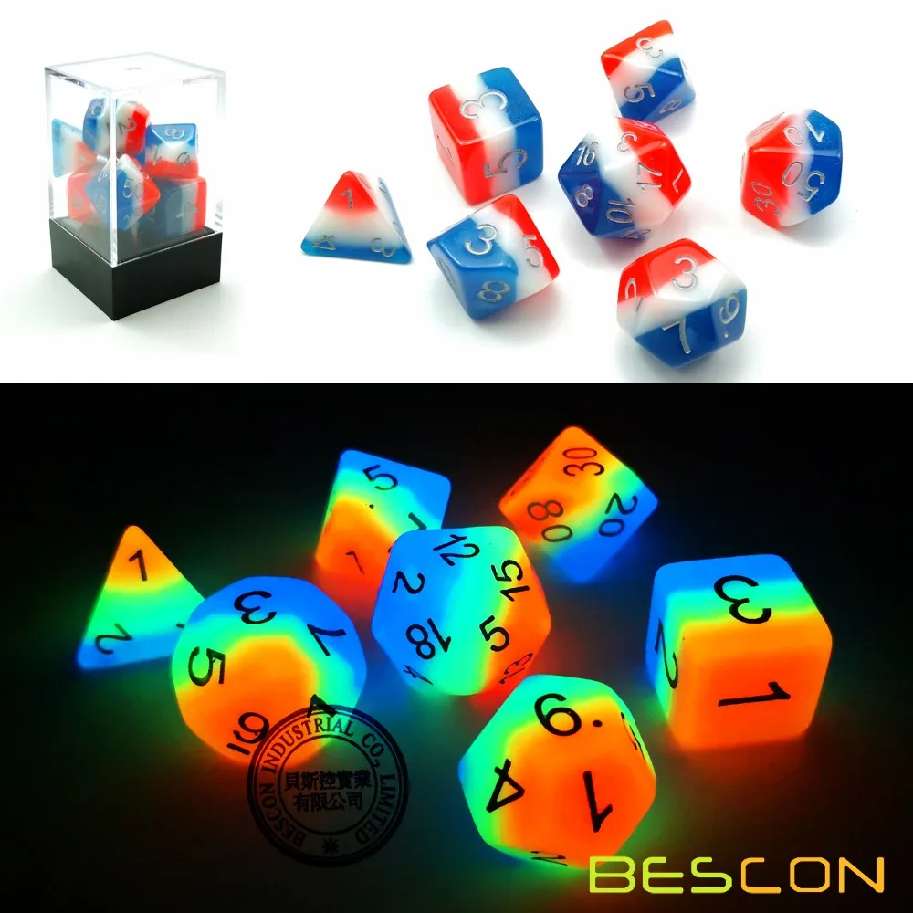 Bescon Gloeiende Polyhedrale Dobbelstenen 7 Pcs Set Franse Kus, Lichtgevende Rpg Dobbelstenen Glow In Dark, dnd Rol Playing Game Dobbelstenen