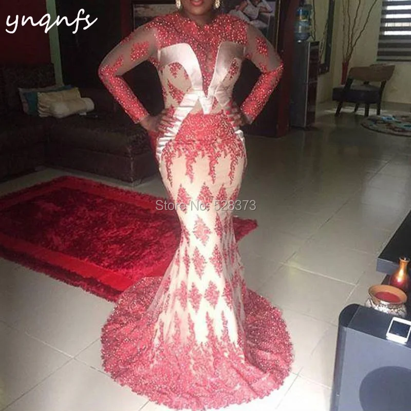 YNQNFS ED246 Saudi Arab Abiye Muslim Evening Dress Sheer Long Sleeve Coral/Nude Mermaid Mother Party Dresses Elegant 2018/2019