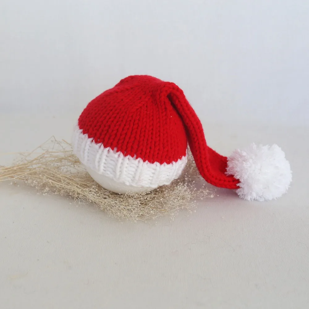 

Chriatmas sleeping cap Long Santa Hat - elf pixie stocking bonnet Newborn Photography Prop Crochet huge pom pom