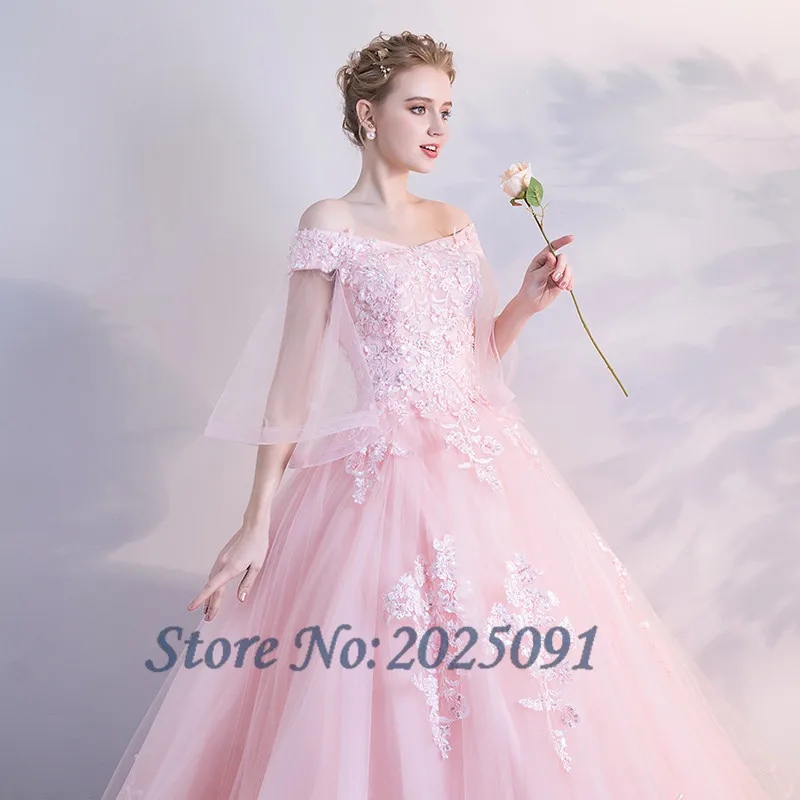 핑크 Quinceanera 드레스 공 Gonw 긴 댄스 파티 드레스 얇은 명주 그물 레이스 Appliques 가장 무도회 달콤한 16 드레스 Vestidos 드 15 Anos