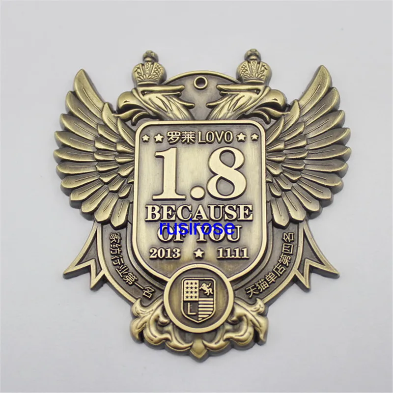 Textile industry 3D stereo wings brooch badge custom, DIY business activity antique double-headed eagle medal award medal