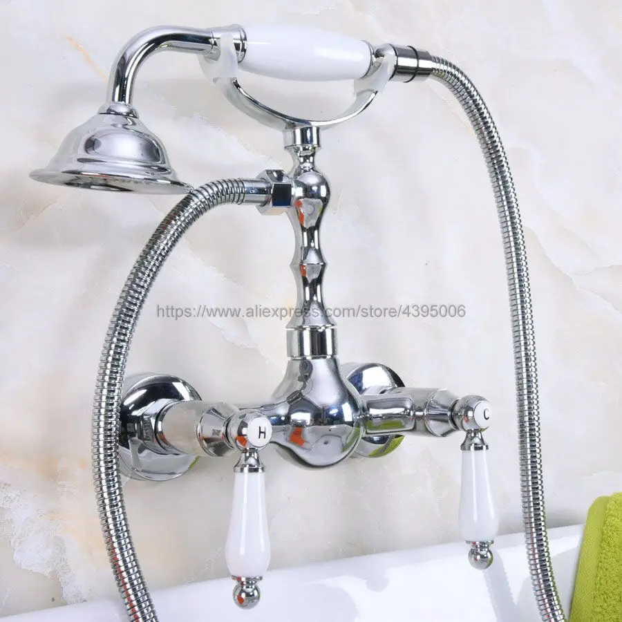 

Polished Chrome Wall Mounted Bathroom Bathtub Shower Faucet Set Mixer Tap With Hand Shower set Bna214