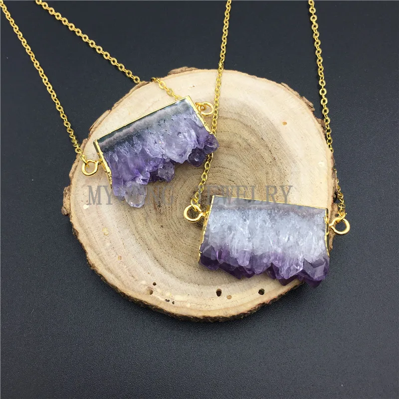 MY0862 Rectangle Purple Crystal Druzy Stalactite Slice Pendant Connector Necklace With Gold Color Chain