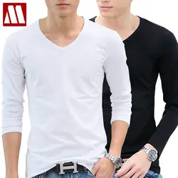 2024 Summer Male Cotton Long Sleeve T-shirt Male V-neck White T Shirt Boys Men's Clothing Pure Color Basic Shirts S - 5XL