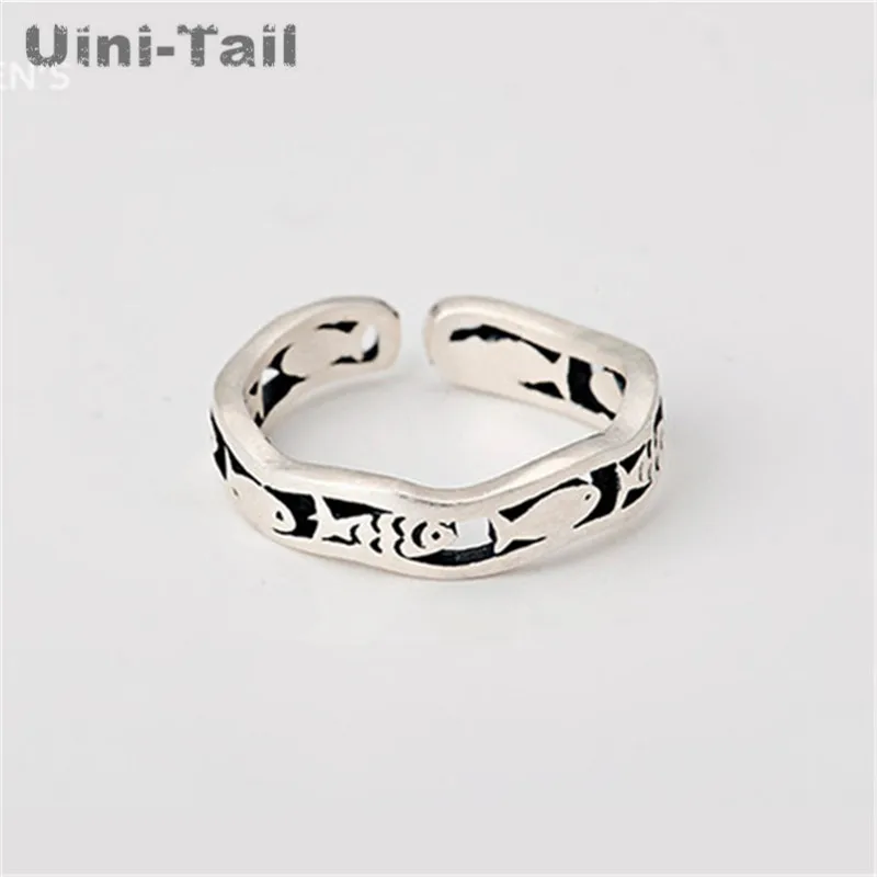 Uini-Tail new 925 Tibetan silver retro fish wave ring ladies Europe and the United States fashion tide flow cute little animals