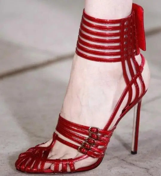 

Carpaton Red Evening Shoes Buckles Sexy Stiletto Heels Sandals for Prom Runway Rount Toe Cutouts High Heel Sandal Woman Heels