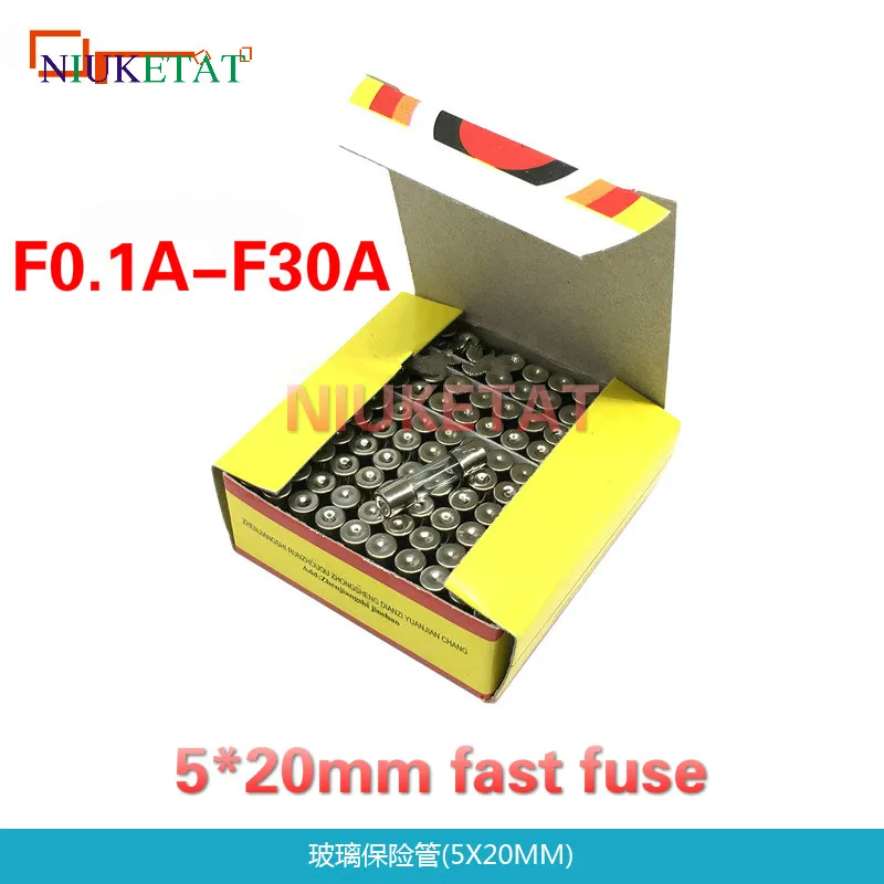 100pcs/box 5*20mm Glass fuse 0.1A-30A Fast fuse 250V 5*20 F0.1A-F30A 250V High Quality Glass Fuse 