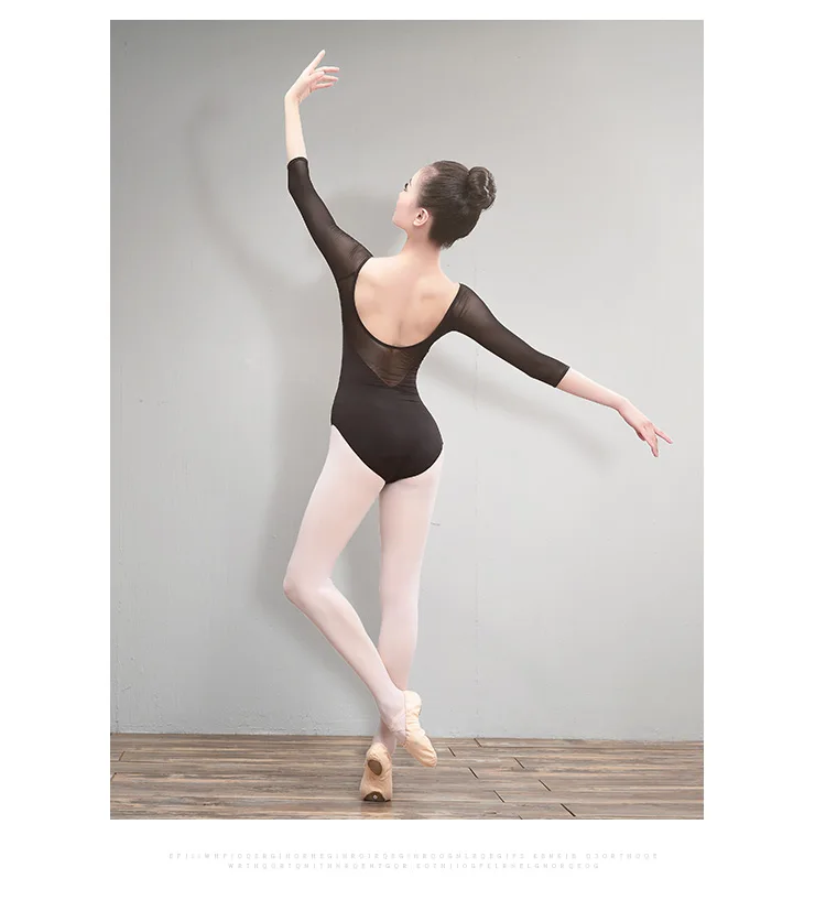 Ballett-Trikots für Damen, Erwachsene, mit Mesh-Einsätzen, 3/4-Ärmel, Tanz-Bodysuit, schwarze Gymnastik-Trikots, Baumwoll-Spandex-Ballett-Bodysuits – Detail 7