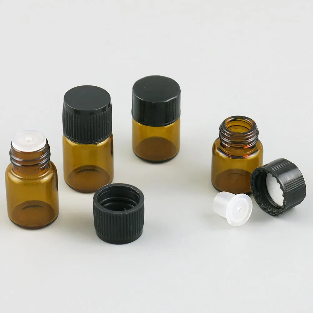 

500 x 1ML 2ML Mini Amber Glass Bottle with Orifice Reducer & Black Cap 1/4 Dram Small Sample Glass Essential Bottle