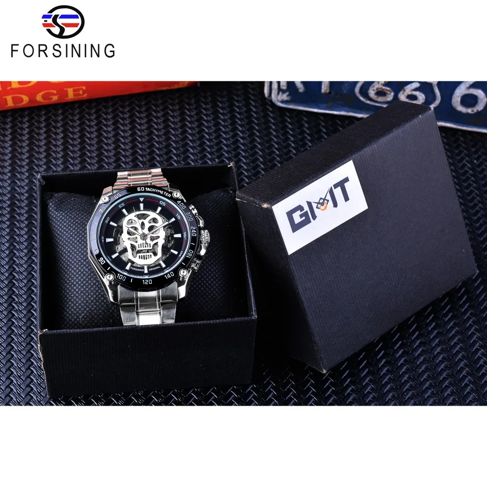 Forsining Silver Stainless Steel Men Luminous Skull Design Automatic Watches Top Brand Luxury Mechanical Skeleton Wrist Watches