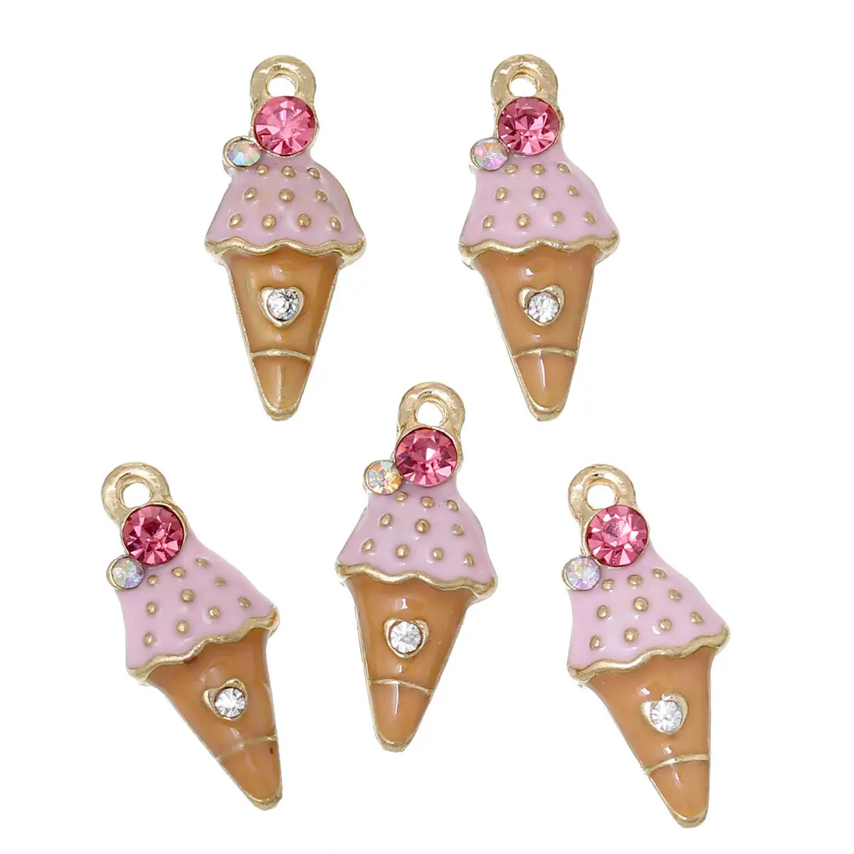 Doreen Box Charm Pendants Ice Cream Light Golden Multicolor Pink Rhinestone Enamel 23mm( 7/8